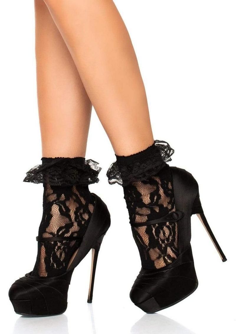 LEG AVENUE LACE ANKLET WITH RUFFLES BLACK O/S LEG AVENUE LACE ANKLET WITH RUFFLES BLACK O/S