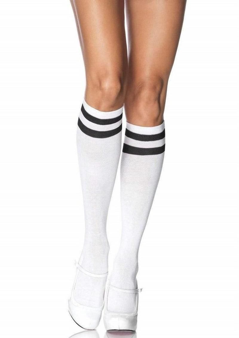 LEG AVENUE ATHLETIC KNEE HIGH WITH STRIPE LEG AVENUE ATHLETIC KNEE HIGH WITH STRIPE, Color: WHITE WITH BLACK