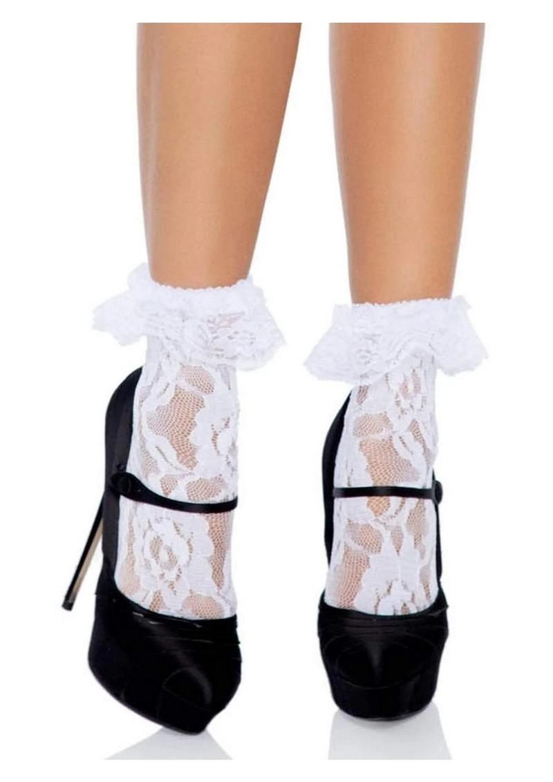 LEG AVENUE LACE ANKLET WITH RUFFLES WHITE O/S LEG AVENUE LACE ANKLET WITH RUFFLES WHITE O/S