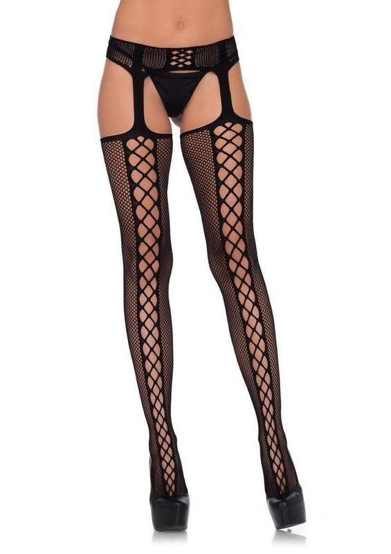 LEG AVENUE FAUX LACE UP DUAL NET BACK SEAM STOCKINGS WITH GARTER BELT BLACK O/S
