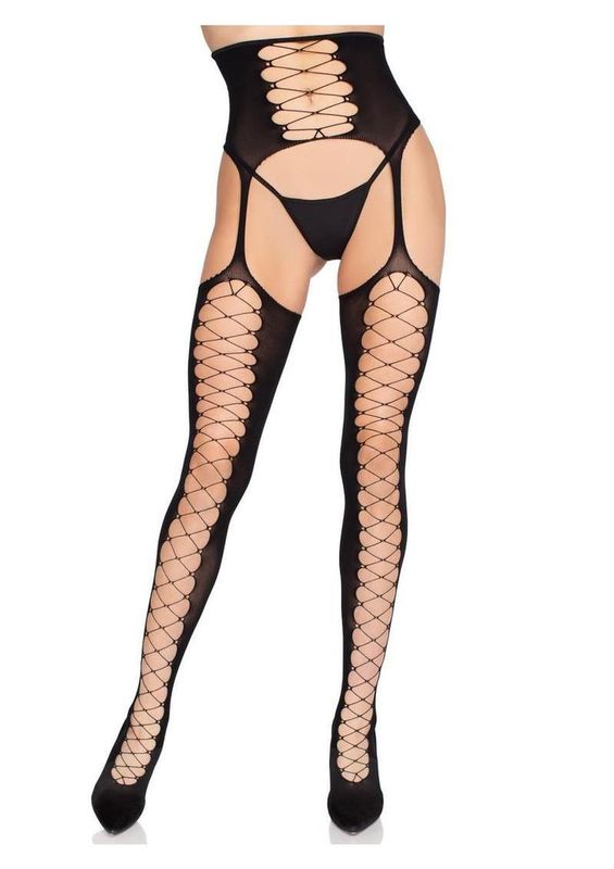 LEG AVENUE OPAQUE FAUX LACE-UP STOCKINGS WITH  ATTACHED WAIST CINCHER BLACK O/S
