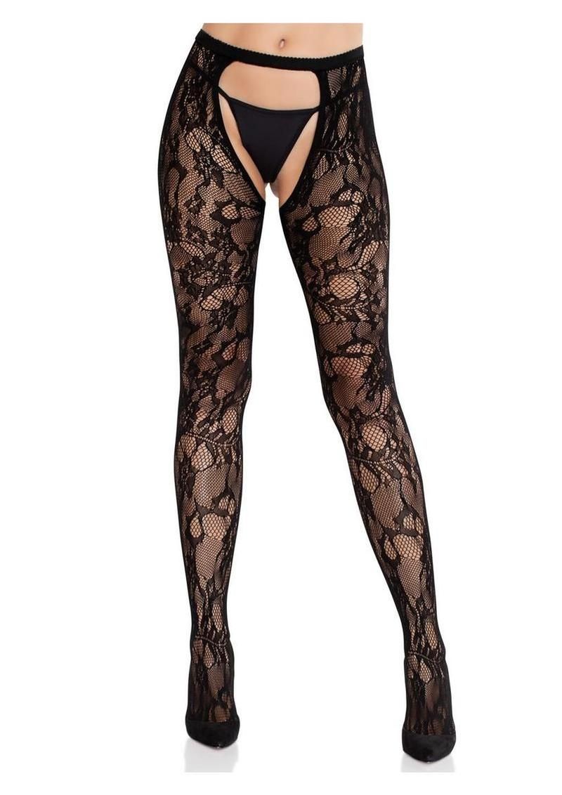 LEG AVENUE EYELET ROSE LACE CROTCHLESS TIGHTS WITH CHEEKY OPEN BACK BLACK O/S