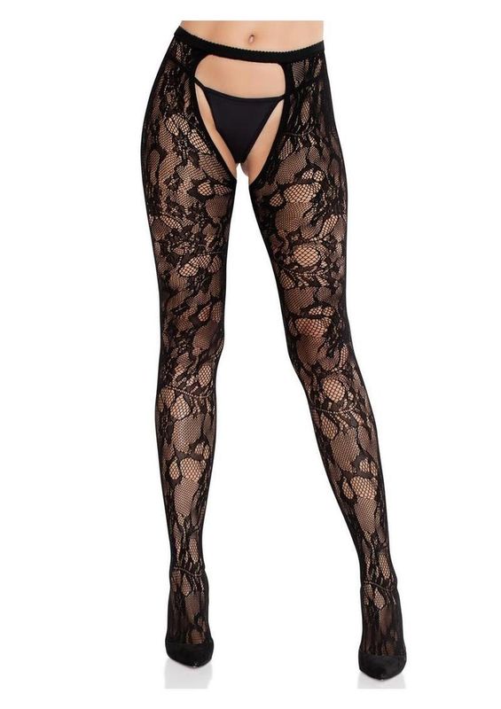 LEG AVENUE EYELET ROSE LACE CROTCHLESS TIGHTS WITH CHEEKY OPEN BACK BLACK O/S