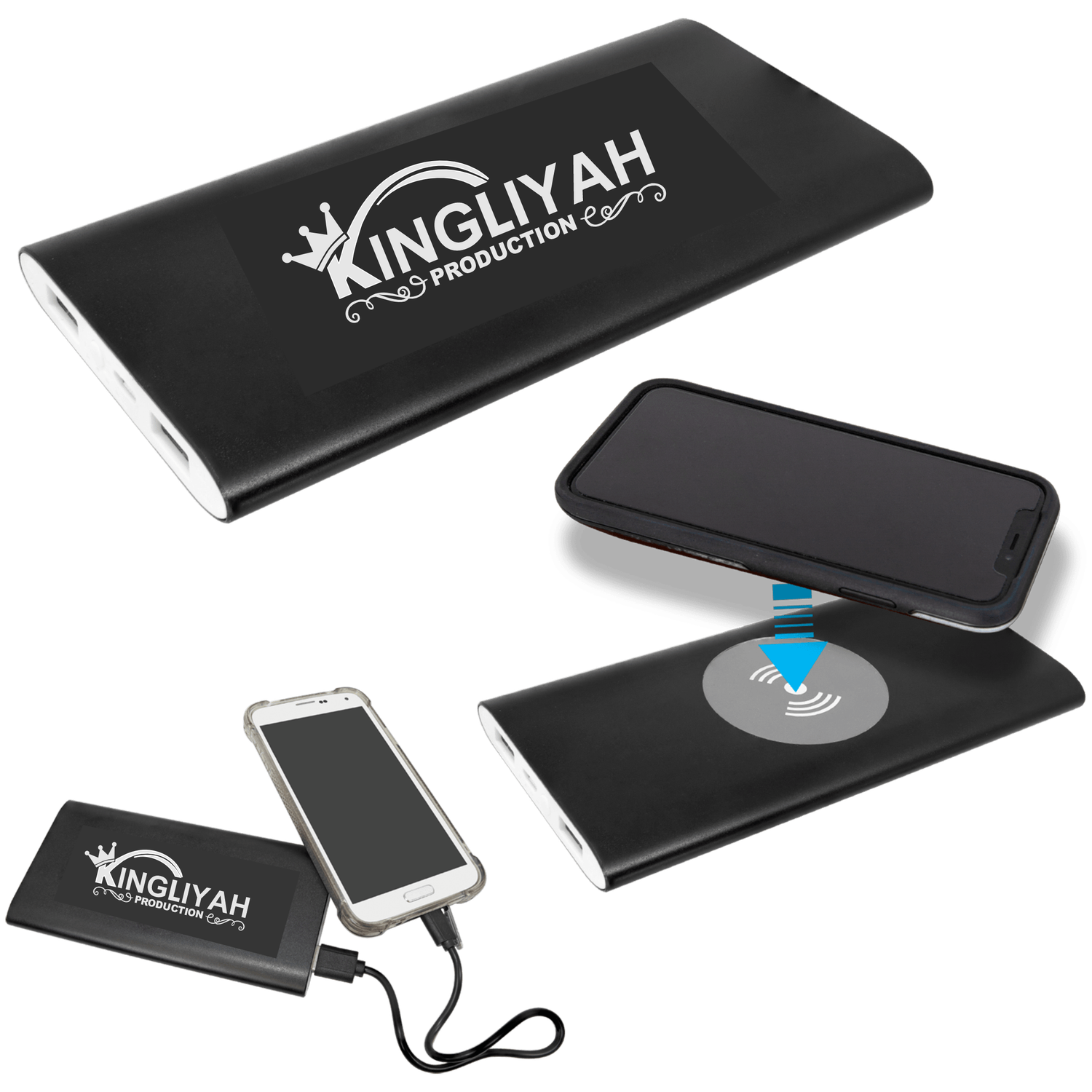 Black 8000MAH Power Bank &amp; Wireless Anodized Aluminum Charger w/USB Power Cord
