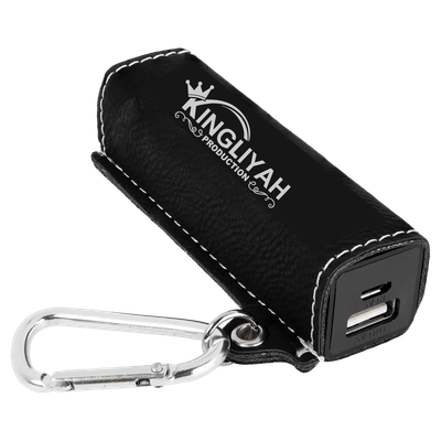 Black/Silver Laserable Leatherette 2200 mAh Power Bank with USB Cord