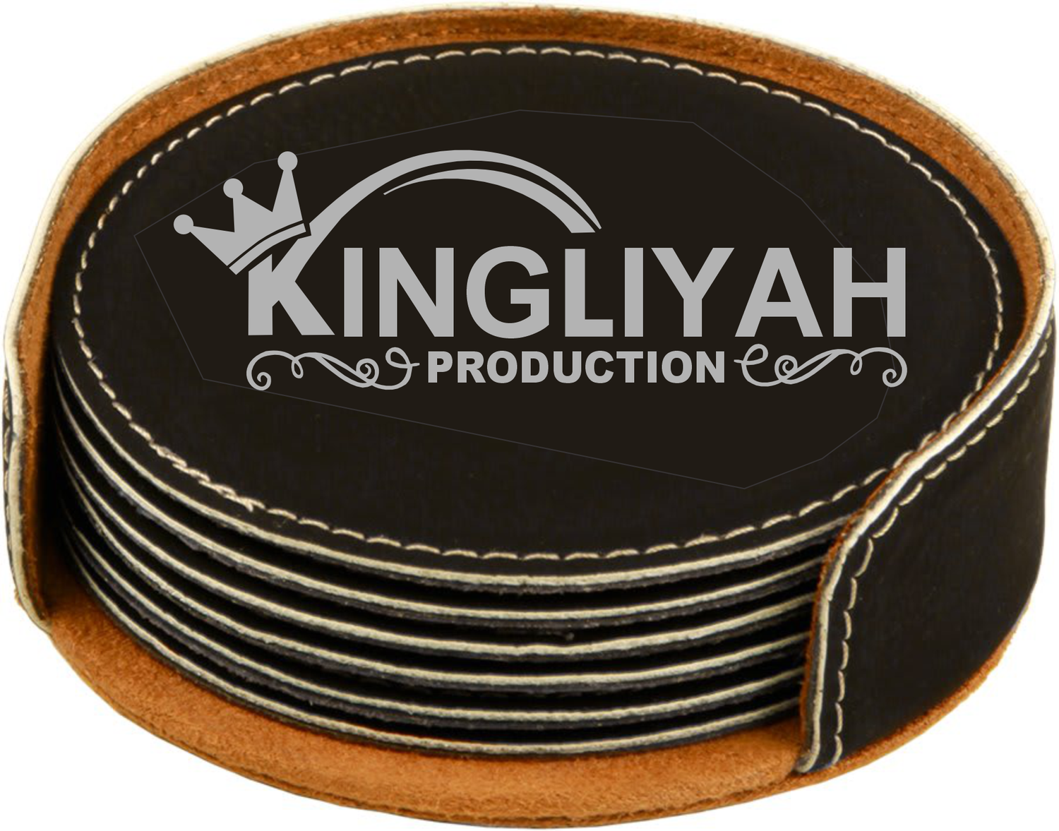 4" Black/Silver Round Laserable Leatherette 6-Coaster Set