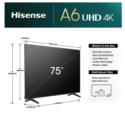 Hisense 75" A6N 4K UHD Smart TV with HDR &amp; Dolby Vision