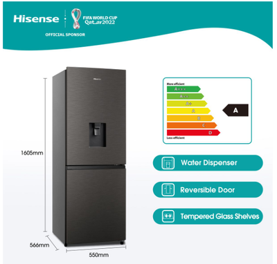 Hisense 222L Bottom Freezer Fridge with Water Dispenser -Titanium Inox