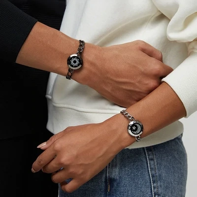Sun&amp;Moon Touch Bracelets with Figaro Chain(Black+Silver)