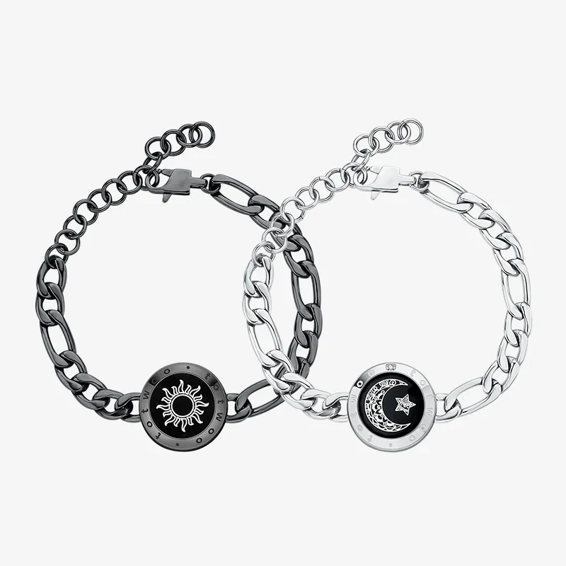 Sun&amp;Moon Touch Bracelets with Figaro Chain(Black+Silver)