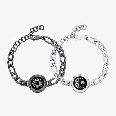 Sun&amp;Moon Touch Bracelets with Figaro Chain(Black+Silver)