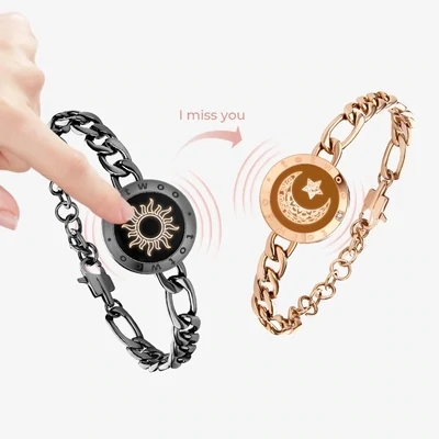 Sun&amp;Moon Touch Bracelets with Figaro Chain(Black+Rose Gold)