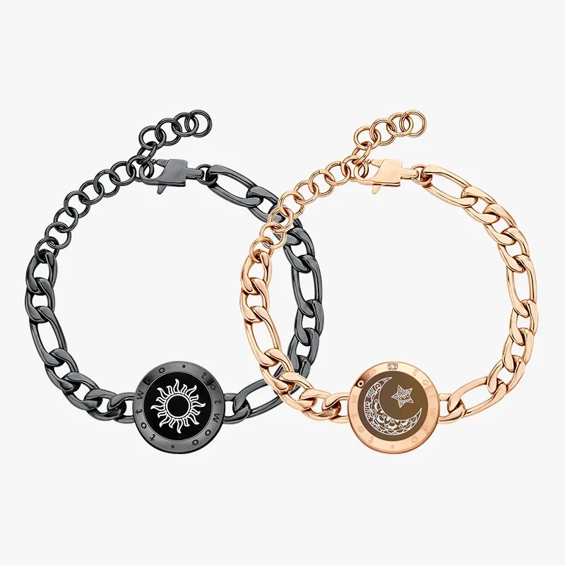 Sun&amp;Moon Touch Bracelets with Figaro Chain(Black+Rose Gold)