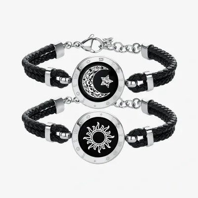 Sun&amp;Moon Touch Bracelets with Braided Leather Rope(Black+Black)