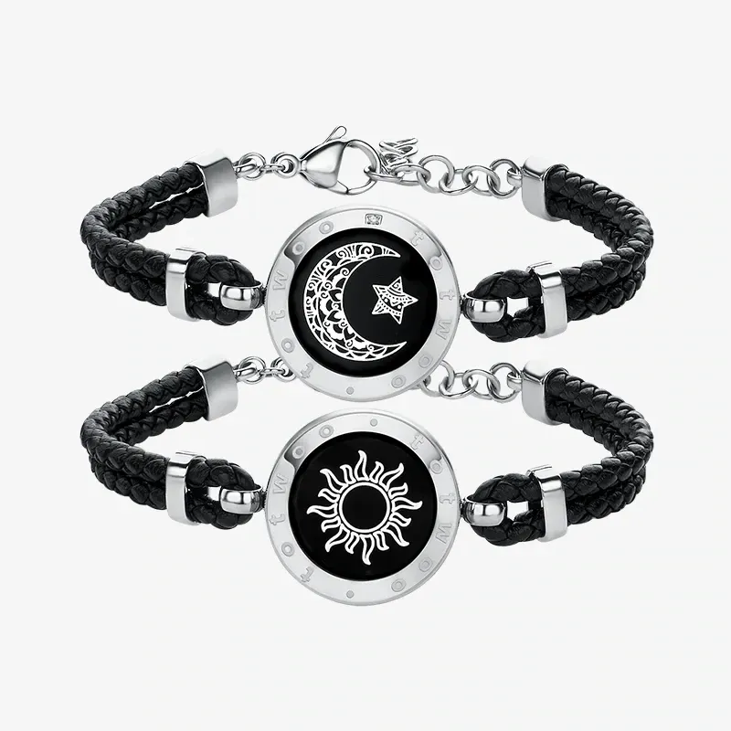 Sun&amp;Moon Touch Bracelets with Braided Leather Rope(Black+Black)
