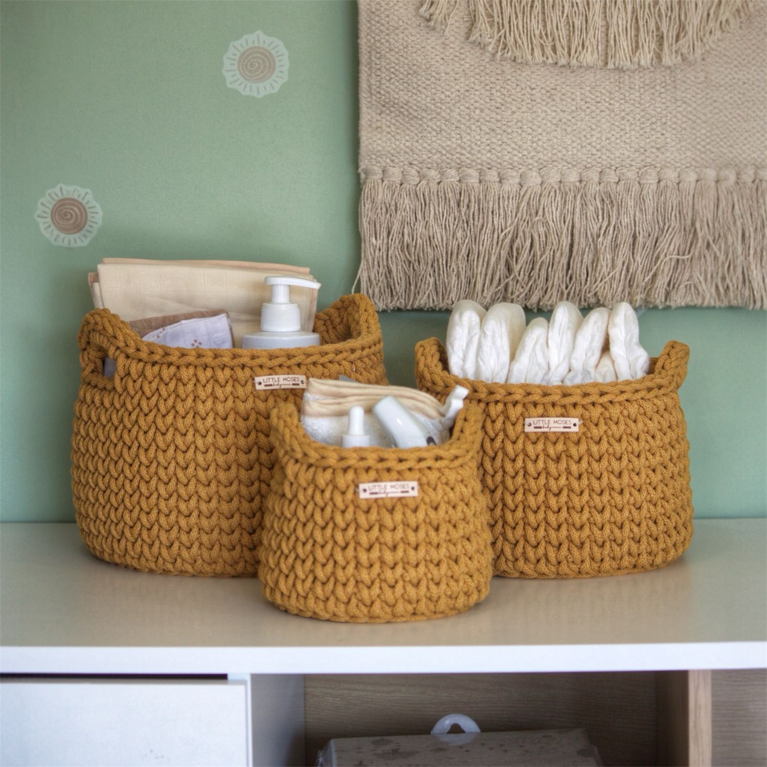 Στρογγυλά Καλάθια Οργάνωσης Βρεφικών Καλλυντικών, Mustard (με χερούλια)