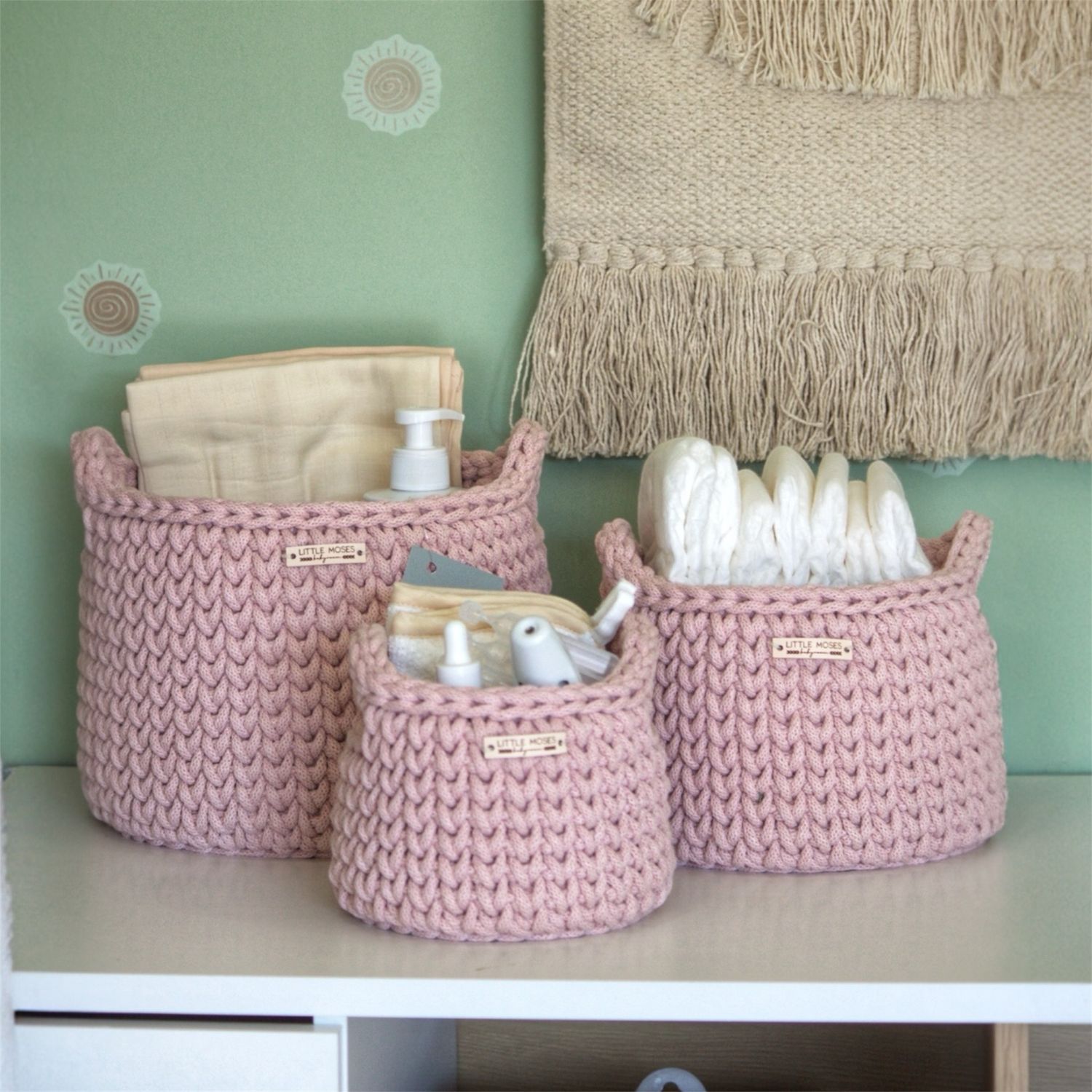 Στρογγυλά Καλάθια Οργάνωσης Βρεφικών Καλλυντικών, Pastel Pink (με χερούλια)