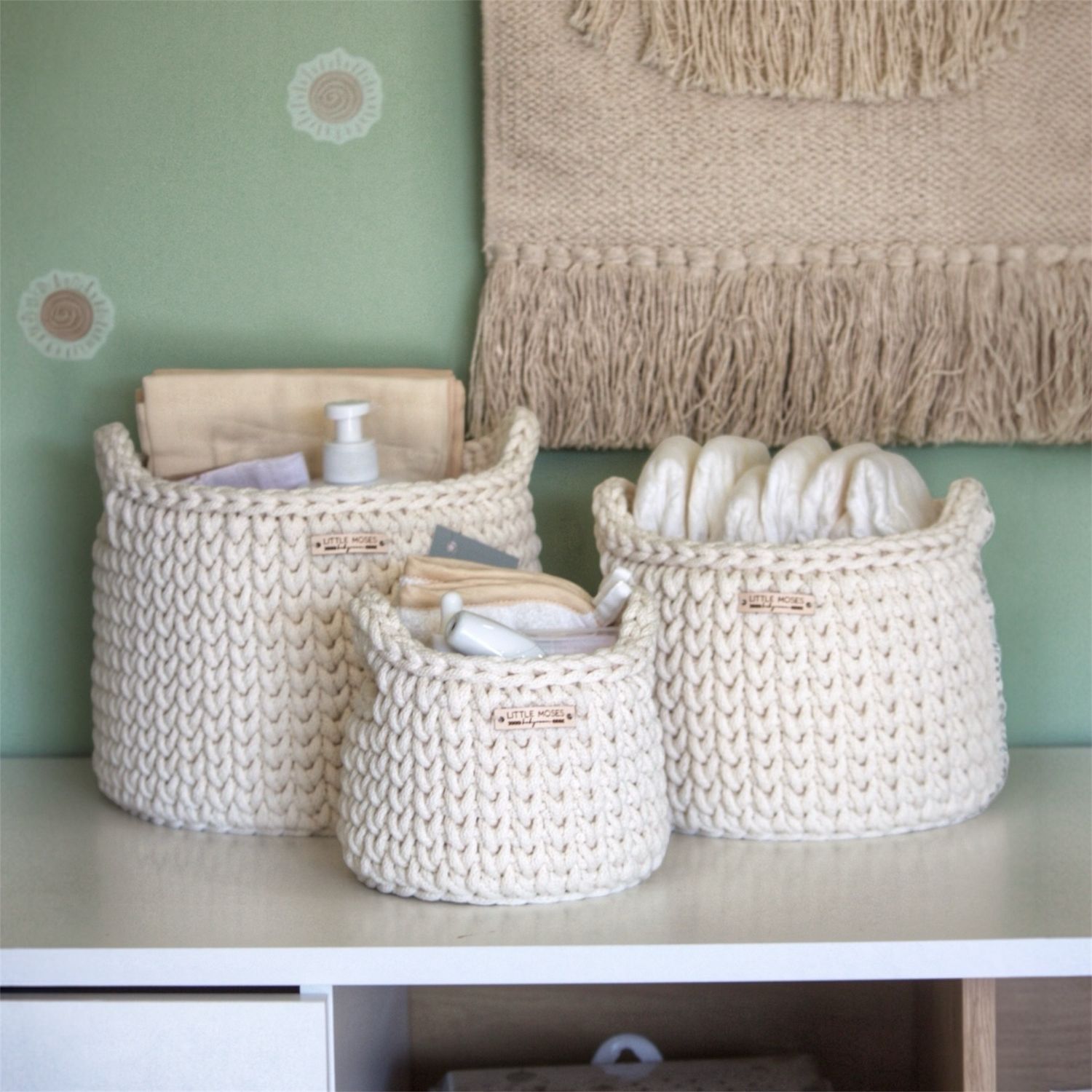 Στρογγυλά Καλάθια Οργάνωσης Βρεφικών Καλλυντικών, Cream (με χερούλια)