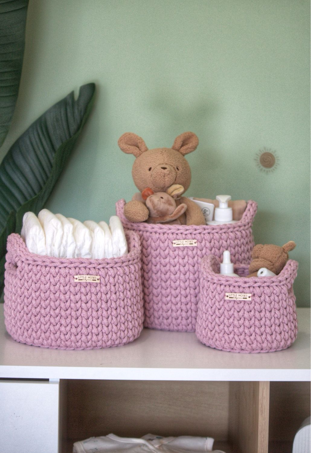 Στρογγυλά Καλάθια Οργάνωσης Βρεφικών Καλλυντικών, Dusty Rose (με χερούλια)