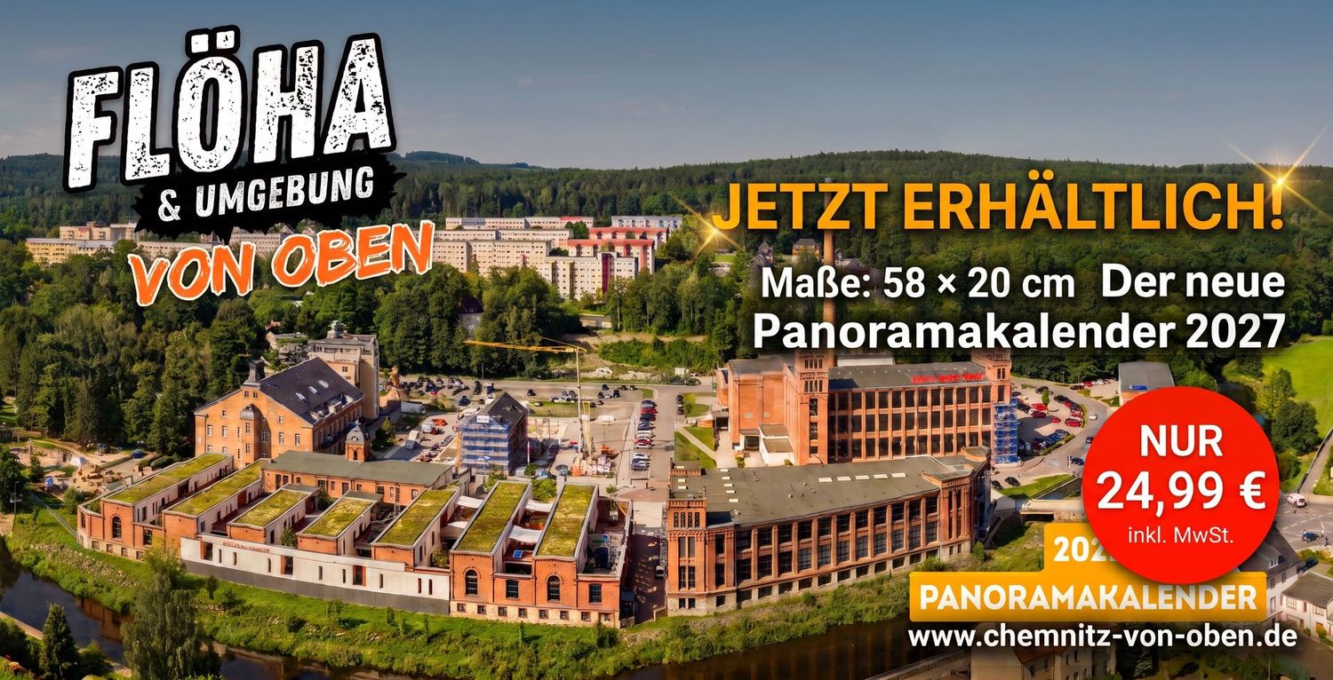 Flöha & Umgebung von oben Panoramakalender 2027 58x20cm