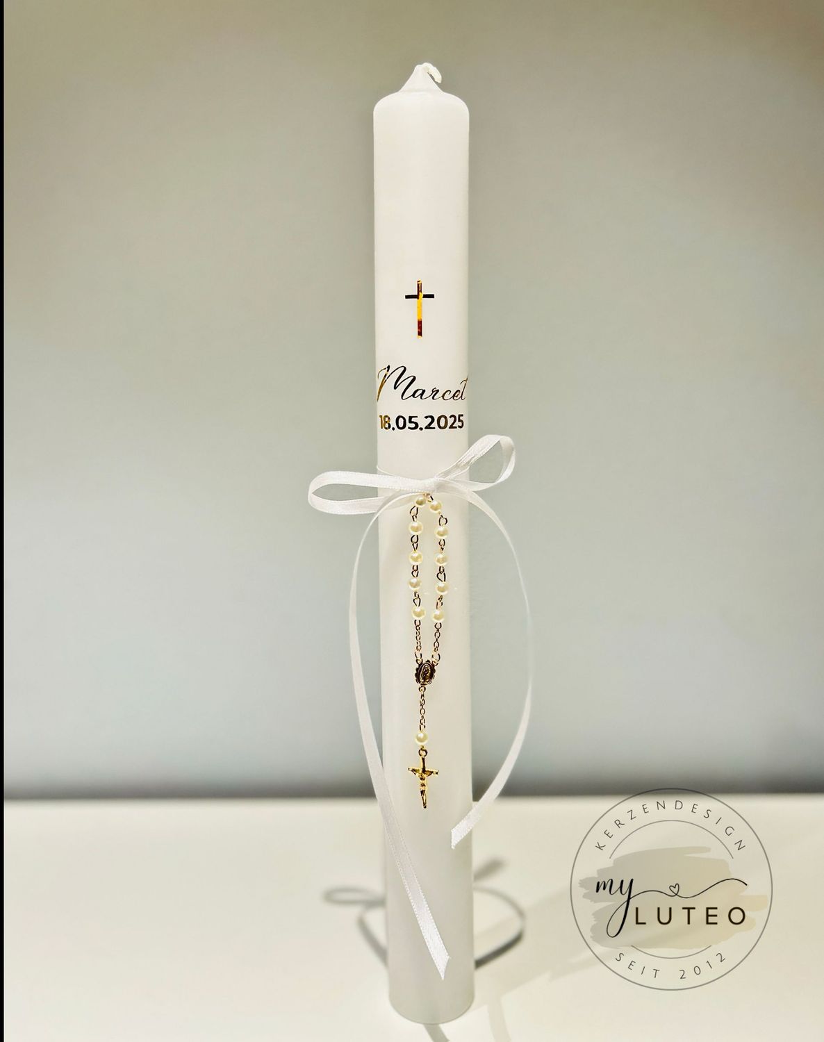 Taufkerze Kommunionkerze klassisch Kreuz mit Rosenkranz