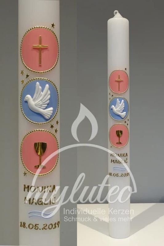 Kommunionkerze 400x40mm Kreise mit Symbolen Kreuz, Taube, Kelch