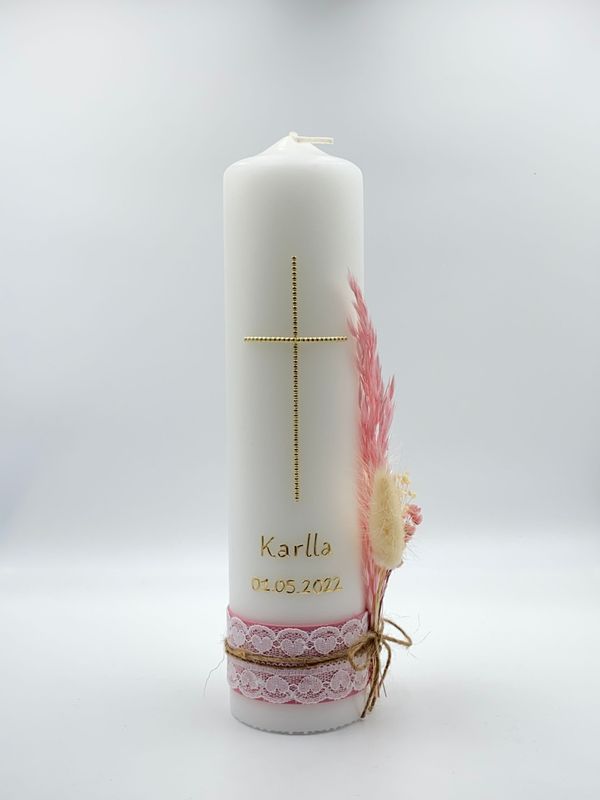Taufkerze Kommunionkerze 250x60mm Klassisch Kreuz mit Trockenblumen und Spitzenband