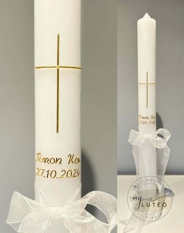 Taufkerze Kommunionkerze 250x60mm Klassisch mit Kreuz und Schleife