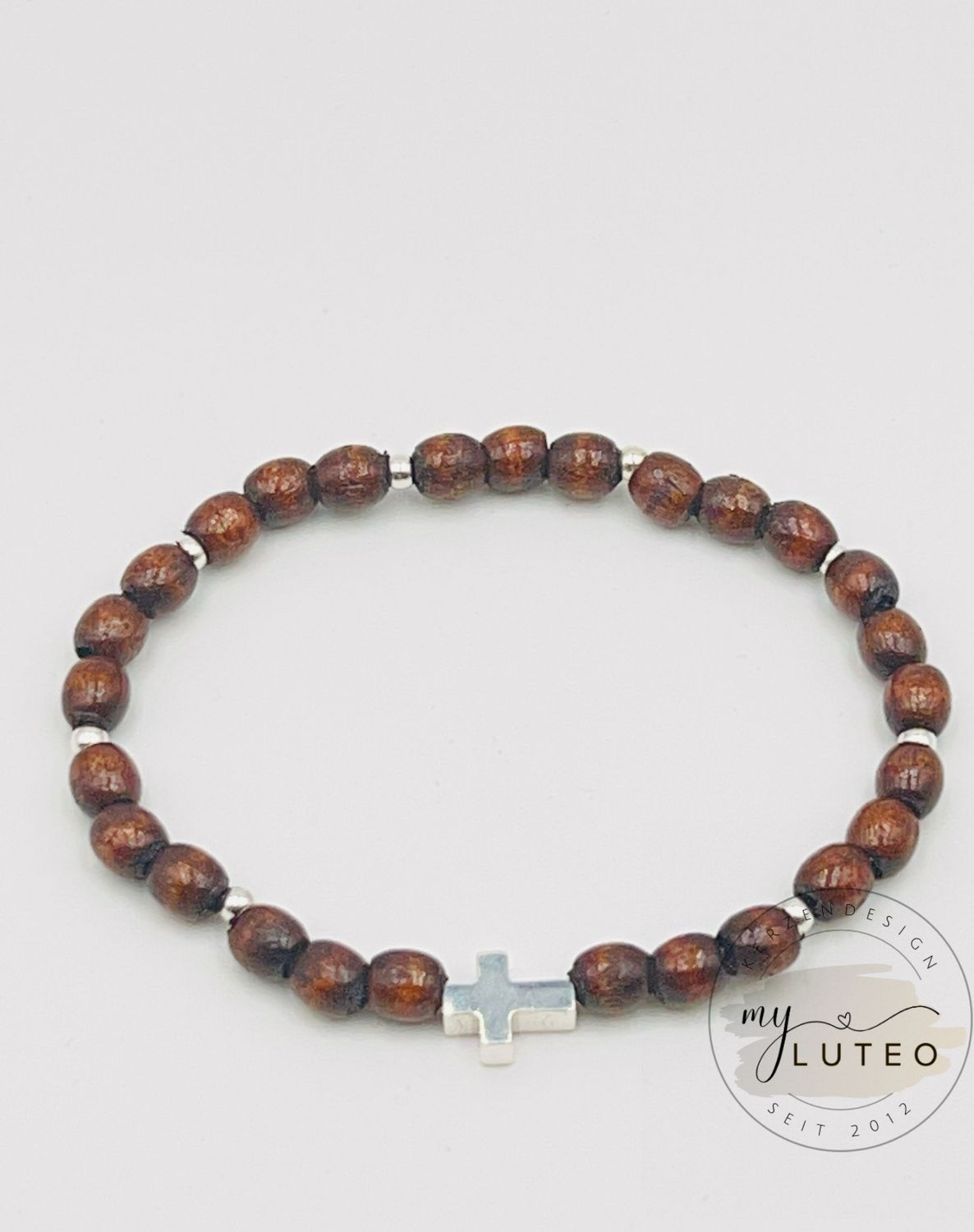 925 Silber Armband mit Kreuz und Holzperlen
