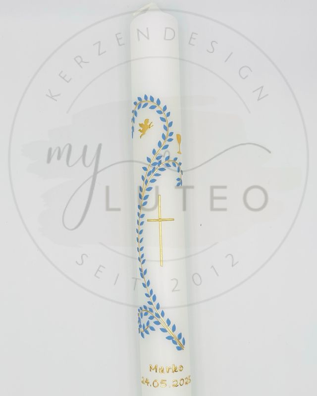 Kommunionkerze 400x40mm Ranken mit Symbolen Kreuz Engel Kelch Kommunionkerze 400x40mm Ranken mit Symbolen Kreuz Engel Kelch