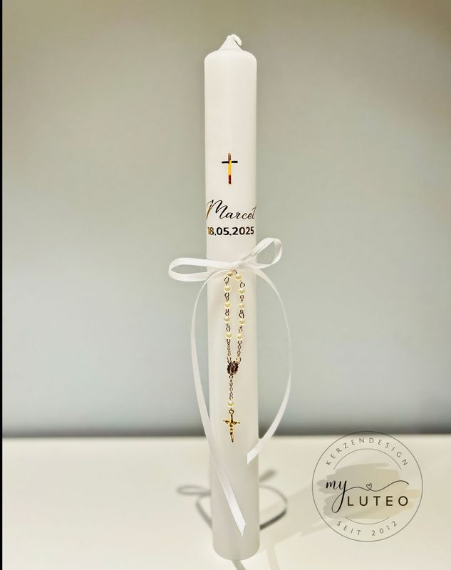 Taufkerze Kommunionkerze klassisch Kreuz mit Rosenkranz