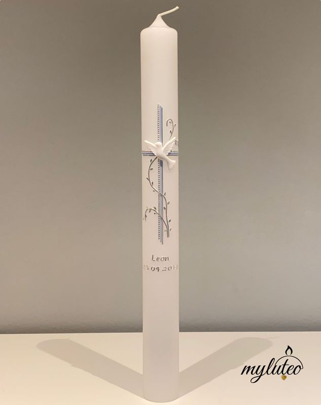 Taufkerze Kommunionkerze 400x40mm Klassisch mit Kreuz verspielt, Ranken, Taube