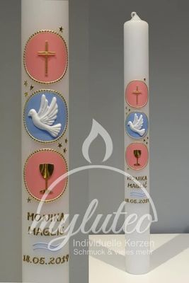 Kommunionkerze 400x40mm Kreise mit Symbolen Kreuz, Taube, Kelch Kommunionkerze 400x40mm Kreise mit Symbolen Kreuz, Taube, Kelch