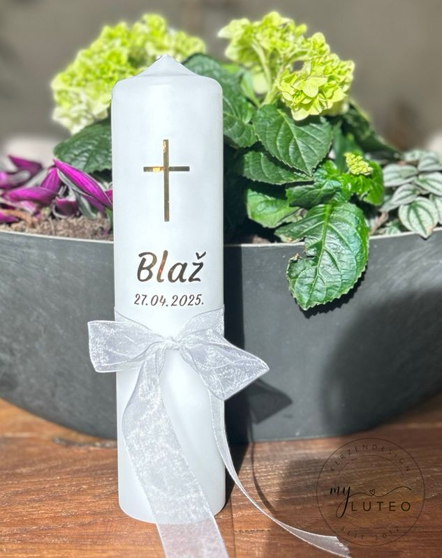 Taufkerze Kommunionkerze klassisch Kreuz mit Schleife