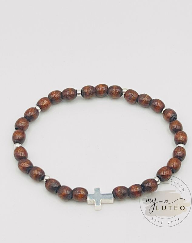 925 Silber Armband mit Kreuz und Holzperlen