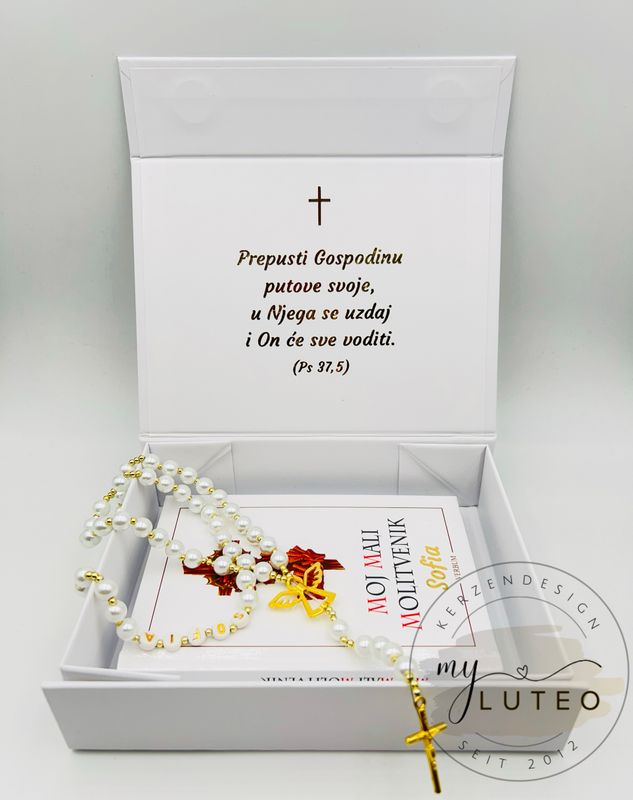 Personalisierte Geschenkbox mit Gotteslob auf kroatisch und Rosenkranz