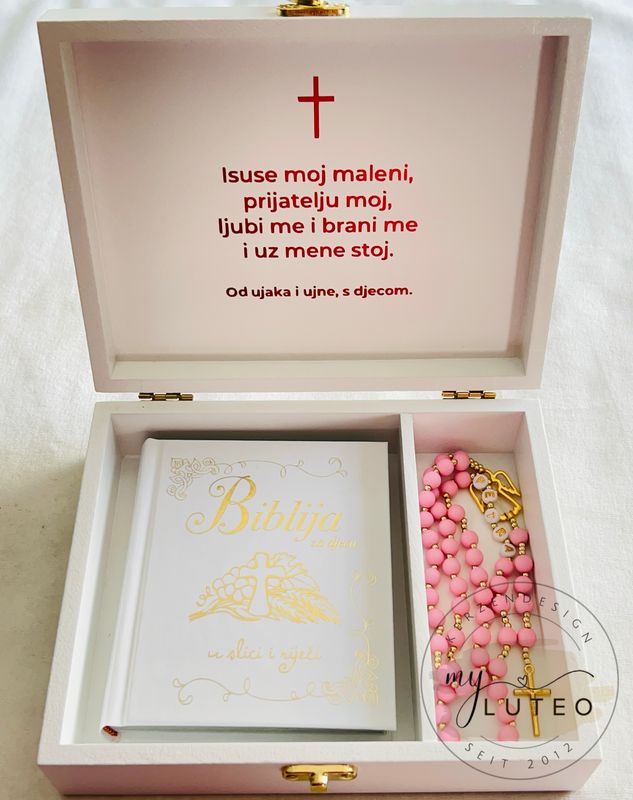 Personalisierte Premium Geschenkbox zur Taufe oder Kommunion (Bibel auf kroatisch & Rosenkranz)