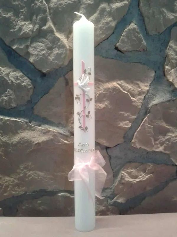 Taufkerze Kommunionkerze 400x40mm Klassisch mit Kreuz verspielt, Ranken, Taube