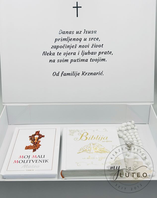 Personalisierte Geschenkbox mit kleiner kroatischer Kinderbibel (Biblija za djecu), Gotteslob auf kroatisch (Moja mali molitvenik) und Rosenkranz