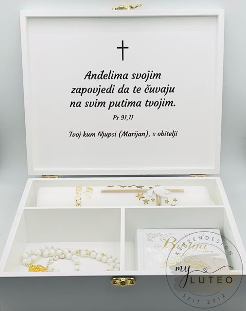 Personalisierte Premium Geschenkbox zur Taufe oder Kommunion (Personalisierte Holzbox, Taufkerze, Kinderbibel auf kroatisch & Rosenkranz)