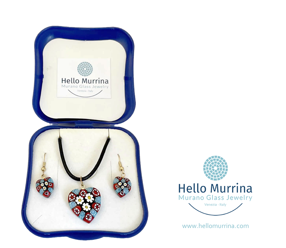 Murrina Earrings &amp; Pendant Heart Gift Set - Murano Glass - Blue/Red