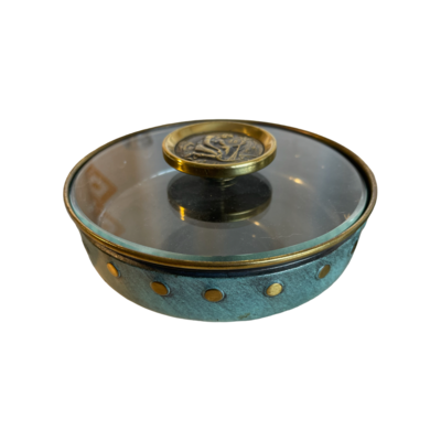 Enamel painted brass bowl with glass lid