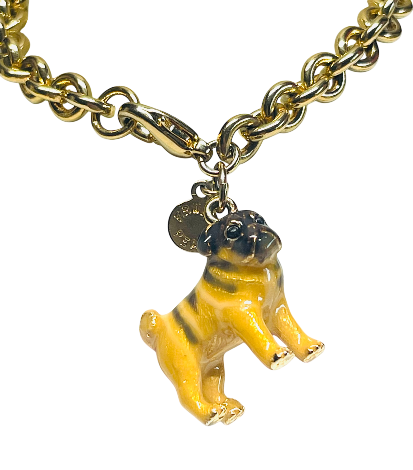 Vintage Erwin Pearl Gold-Tone Chain Bracelet with Enamel Pug Dog Charm