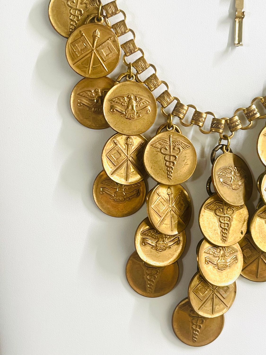 WWII-Era Patriotic Book Chain Necklace – Repurposed U.S. Military Button Medallions