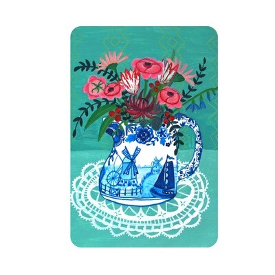 Delfts Blauwe vaas met Hollandse Molen Kaart | Vrolijke Hollandse Bloemen Ansichtkaart