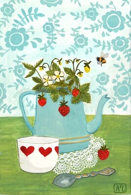 • Gouache op Papier • Aardbeienplant in theepot • Schilderij met aardbei stilleven