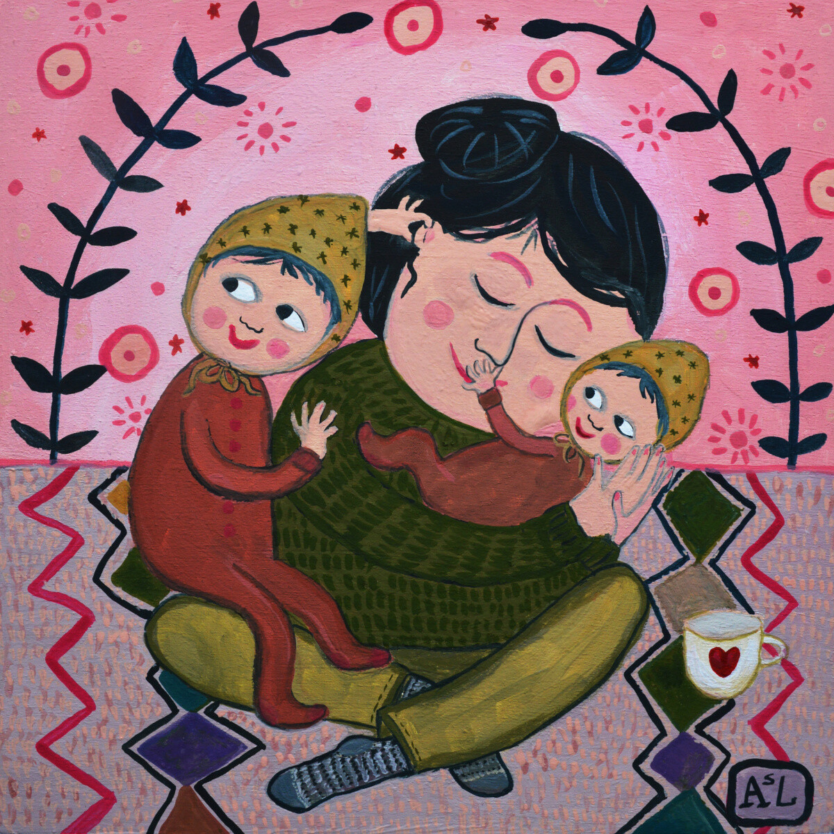 • Schilderij Met Baklijst • Mother with baby and toddler