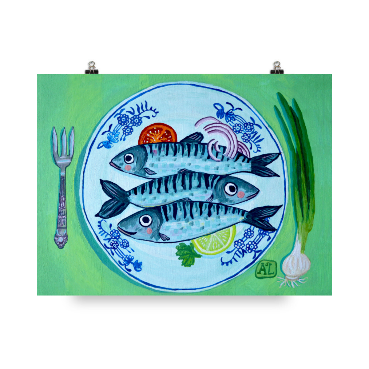 Stilleven met Vissen op Delfts Blauw Keuken Bord &quot;Vrijdag Visdag&quot; (Print)