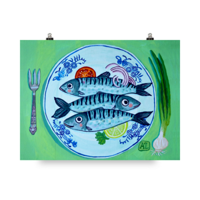 Stilleven met Vissen op Delfts Blauw Keuken Bord "Vrijdag Visdag" (Print)