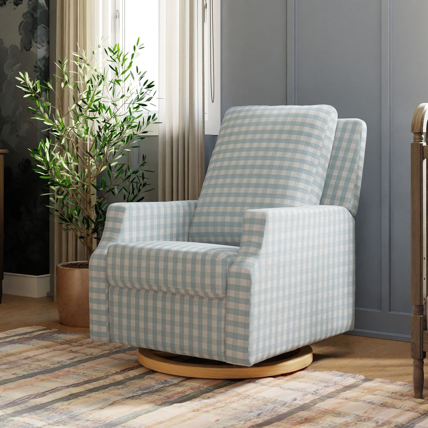 Crewe Swivel Glider Recliner - Blue Gingham, color: Blue Gingham